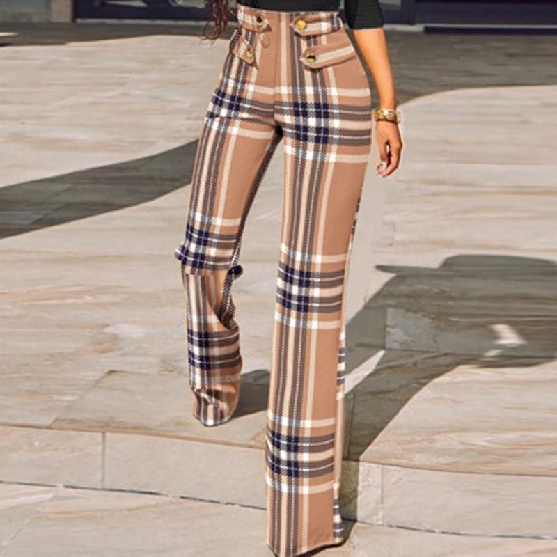 Skinny Straight Pants Spring New New Houndstooth Plaid Print Trouser All Match High Waist Office Suit Slim Trouser