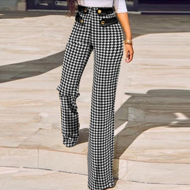 Skinny Straight Pants Spring New New Houndstooth Plaid Print Trouser All Match High Waist Office Suit Slim Trouser