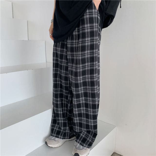 Oversize 3xl Plaid Pants Loose Wide Leg Trousers Ins Retro Teens Straight Trousers Hip-hop