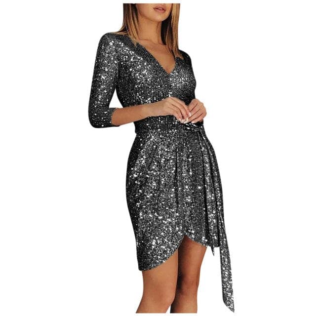 Party Dress Long-sleeved Sequined V-neck 34 Sleeve Lace-up Mini Dress Dress