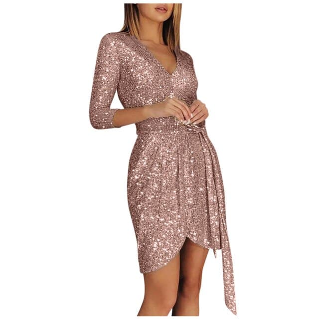 Party Dress Long-sleeved Sequined V-neck 34 Sleeve Lace-up Mini Dress Dress