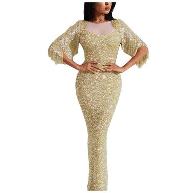 V-neck Long-sleeved Tassel Dinner Dress Bag Hip Dress Dress Long Dresses Evening