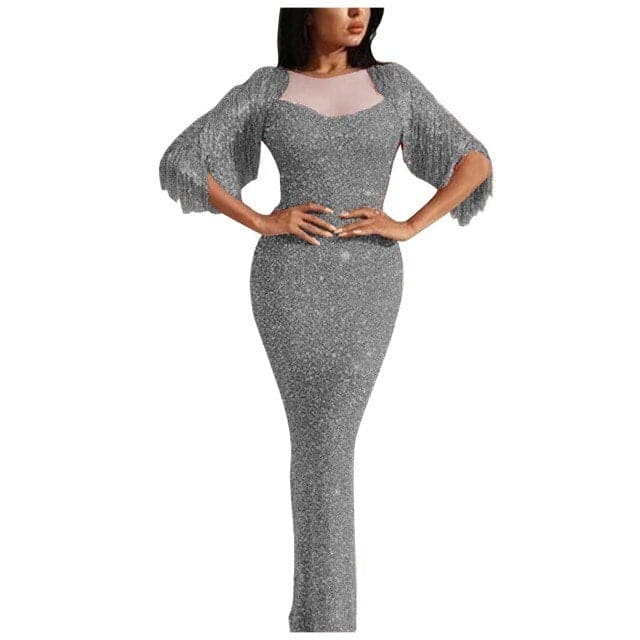 V-neck Long-sleeved Tassel Dinner Dress Bag Hip Dress Dress Long Dresses Evening