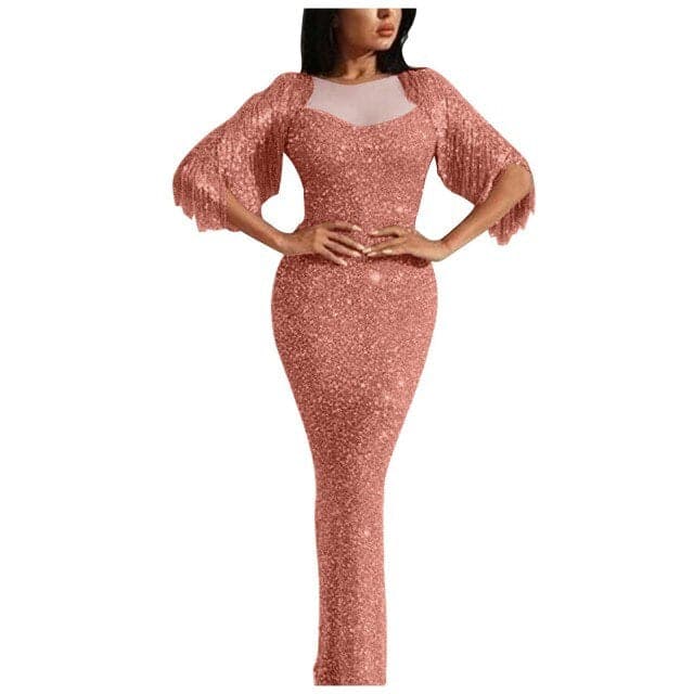 V-neck Long-sleeved Tassel Dinner Dress Bag Hip Dress Dress Long Dresses Evening