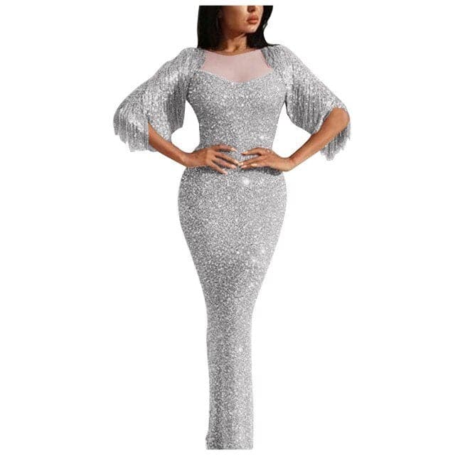 V-neck Long-sleeved Tassel Dinner Dress Bag Hip Dress Dress Long Dresses Evening