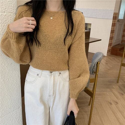 Dressbetty - Knitted Sweaters Woman Colorblock Pull Femme Long Sleeve Crop Top Sweater Winter Clothes Korean