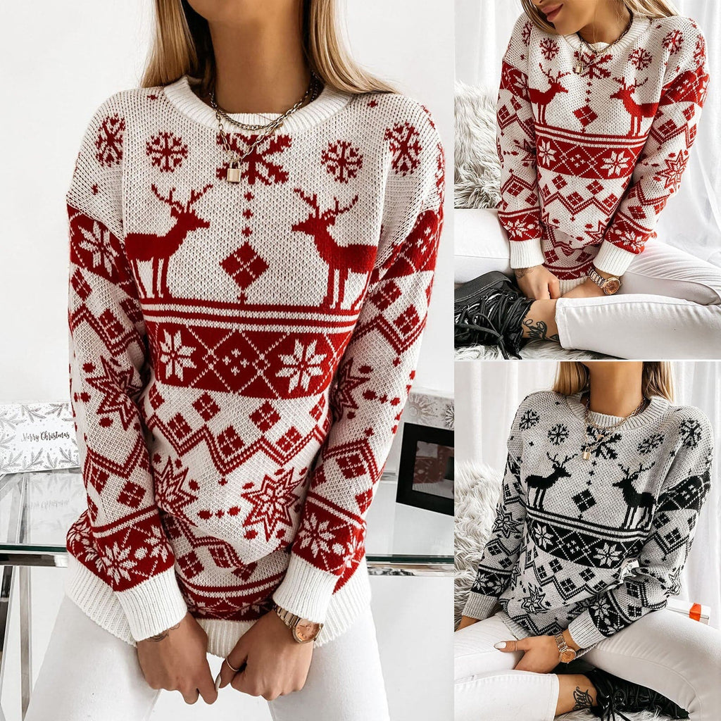 Dressbetty - Autumnwinter Printed Sweater O-neck Snowflake Christmas Top Christmas Pullover Knitted Top Shirt