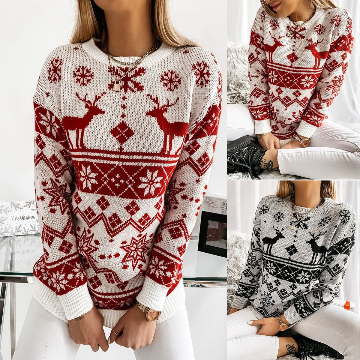 Dressbetty - Autumnwinter Printed Sweater O-neck Snowflake Christmas Top Christmas Pullover Knitted Top Shirt