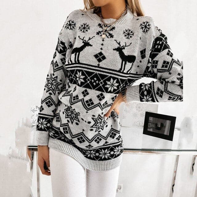 Dressbetty - Autumnwinter Printed Sweater O-neck Snowflake Christmas Top Christmas Pullover Knitted Top Shirt