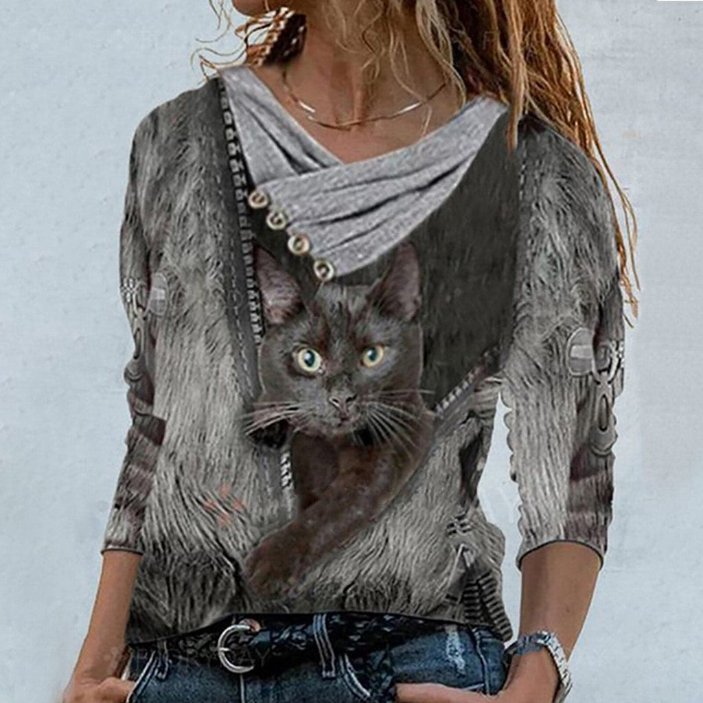 Tunic Tops Cross V-neck Buttons Printing Long Sleeve Sweaters Top Summer Female T-shirt Female Clothing