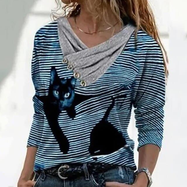 Tunic Tops Cross V-neck Buttons Printing Long Sleeve Sweaters Top Summer Female T-shirt Female Clothing