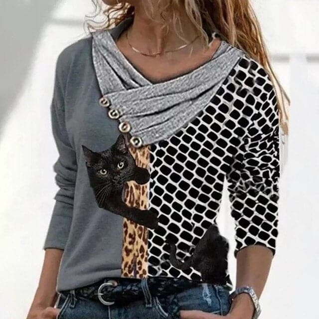 Tunic Tops Cross V-neck Buttons Printing Long Sleeve Sweaters Top Summer Female T-shirt Female Clothing
