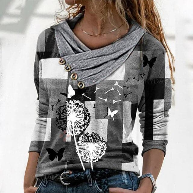 Tunic Tops Cross V-neck Buttons Printing Long Sleeve Sweaters Top Summer Female T-shirt Female Clothing