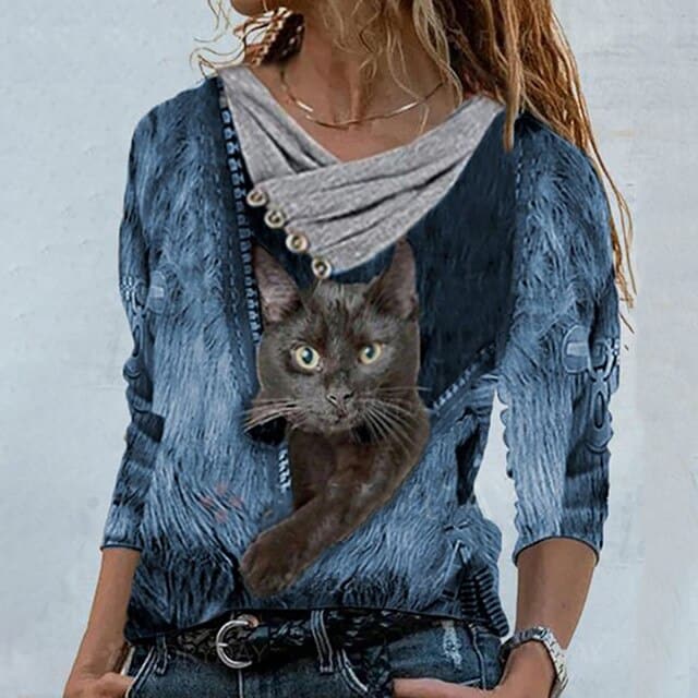 Tunic Tops Cross V-neck Buttons Printing Long Sleeve Sweaters Top Summer Female T-shirt Female Clothing
