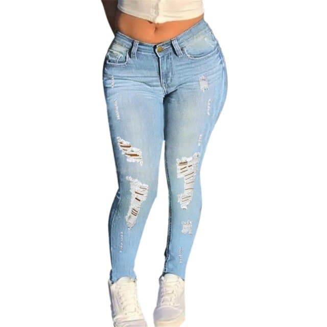Ripped Jeans High Waist Stretch Skinny Denim Trousers Blue Retro Washed Elastic Slim Pencil Pants