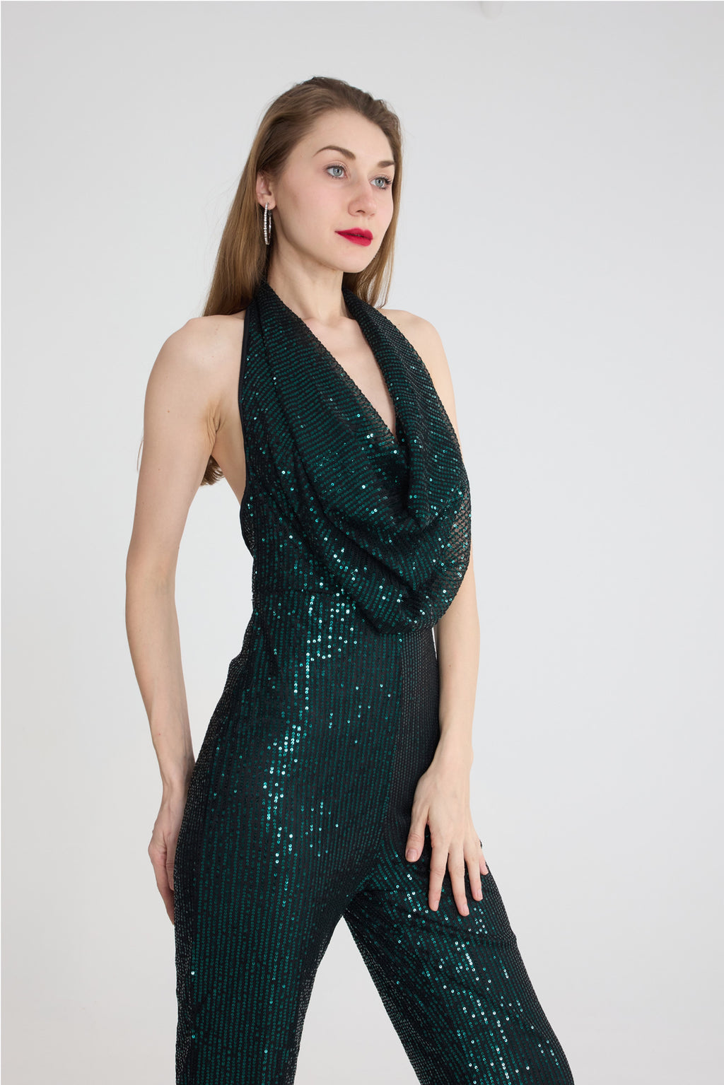 Sequin Cowl Neck Backless Jumpsuits