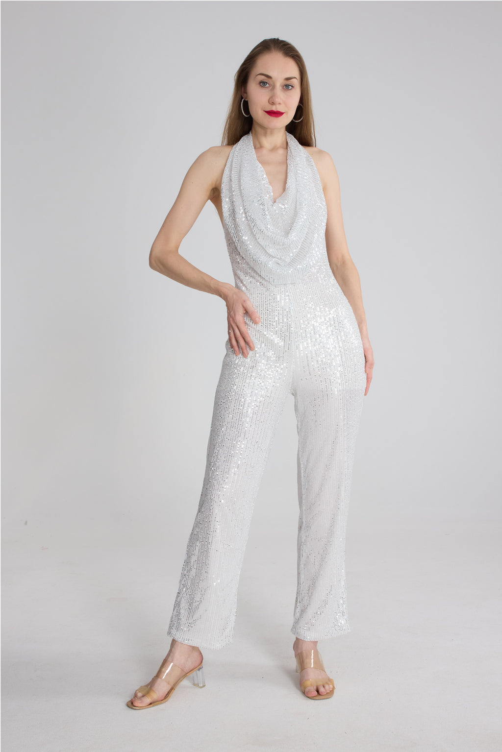 Sequin Cowl Neck Backless Jumpsuits