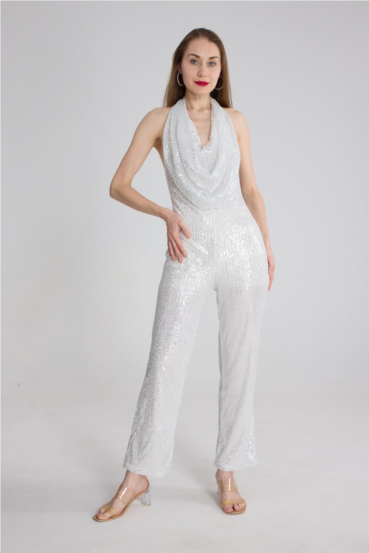 Sequin Cowl Neck Backless Jumpsuits