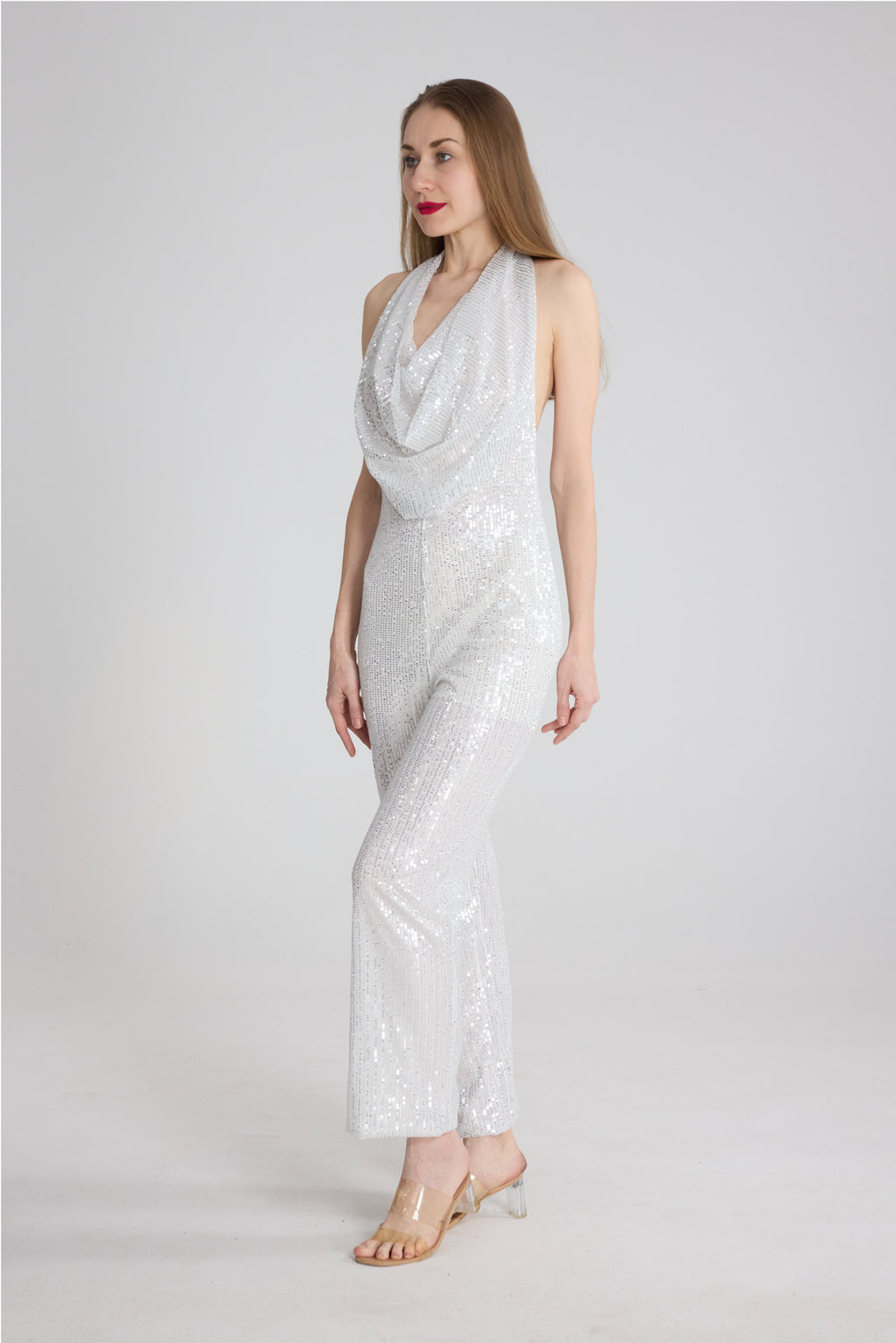 Sequin Cowl Neck Backless Jumpsuits