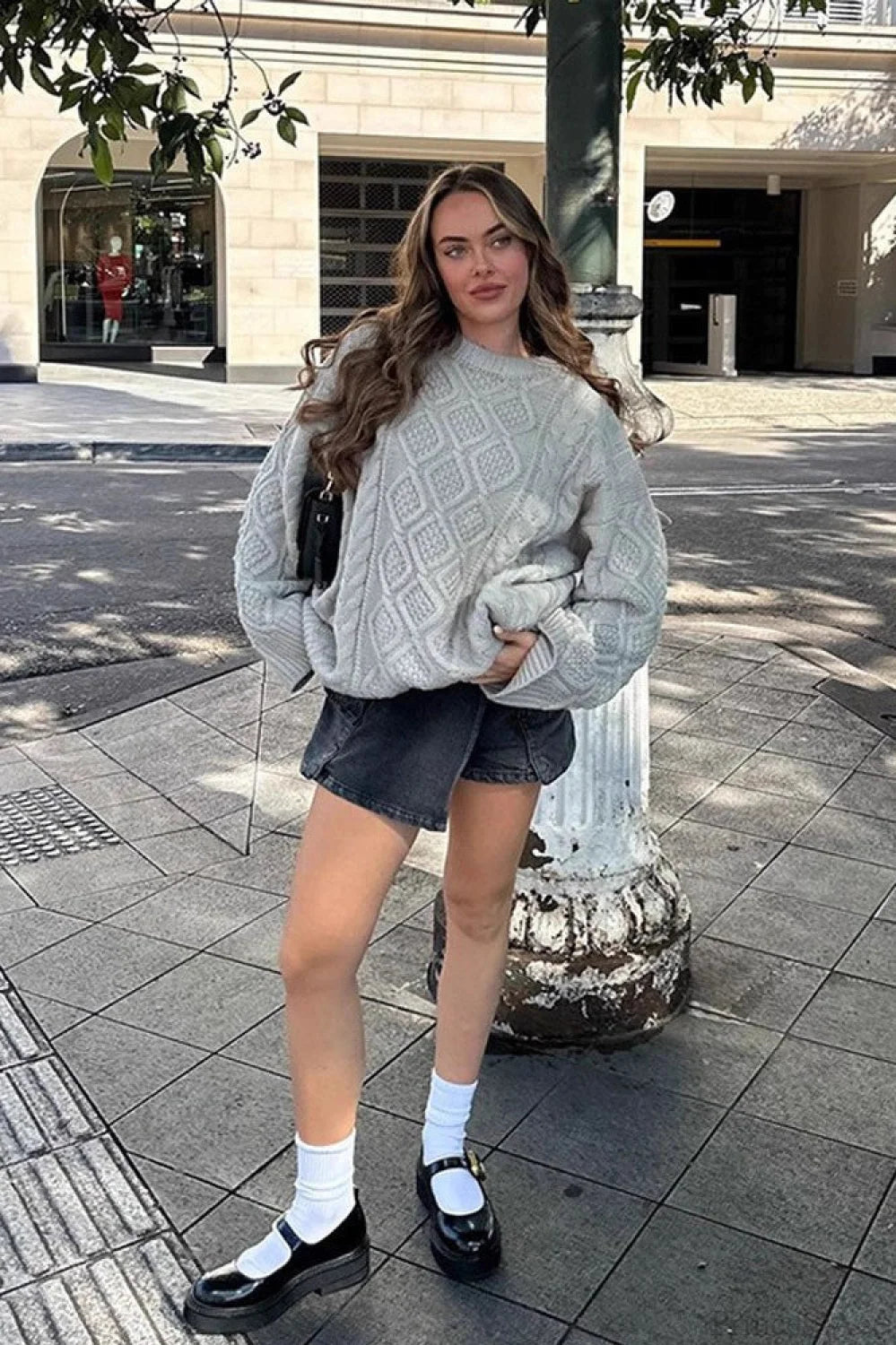 3d Chunky Cable Argyle Crewneck Loose Sweater