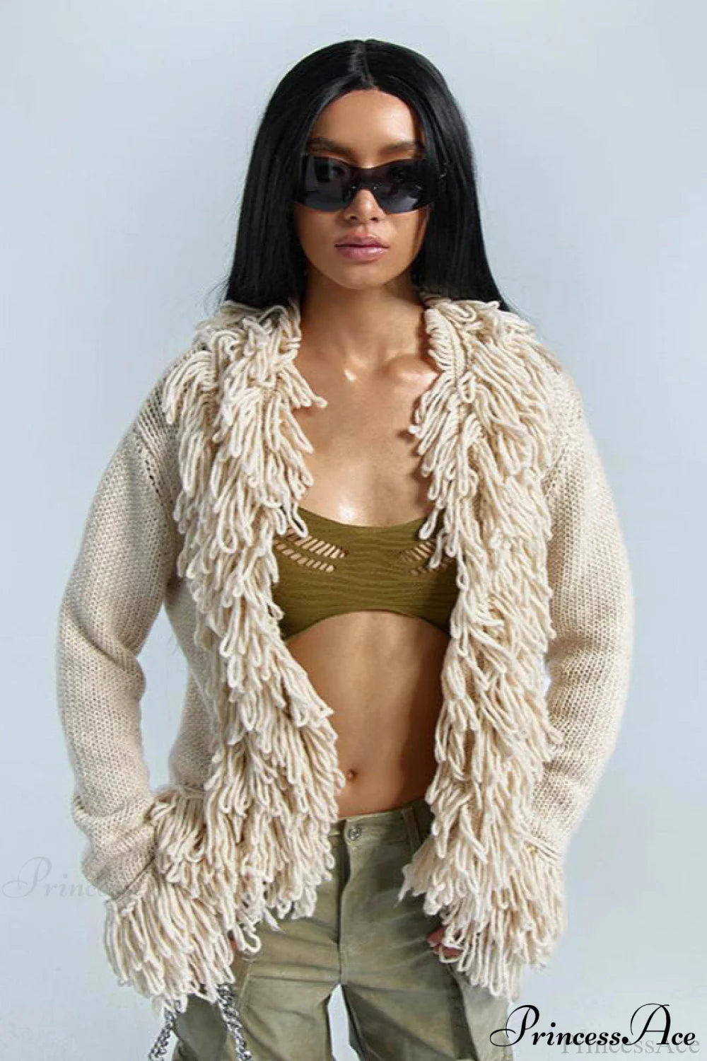 Color Knit Fringe Loose Long Sleeve Cardigan