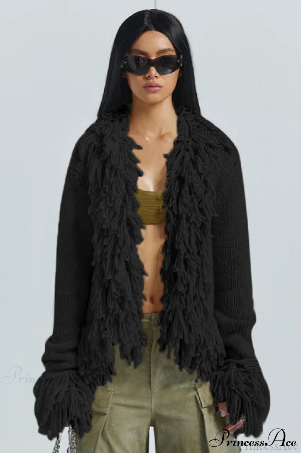 Color Knit Fringe Loose Long Sleeve Cardigan