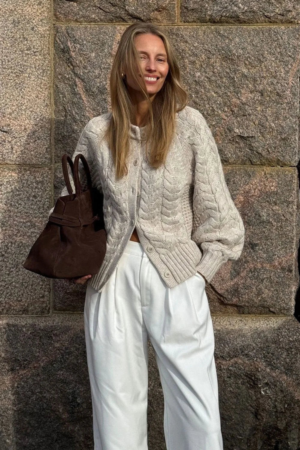 Crewneck Cable Short Cardigan Sweater