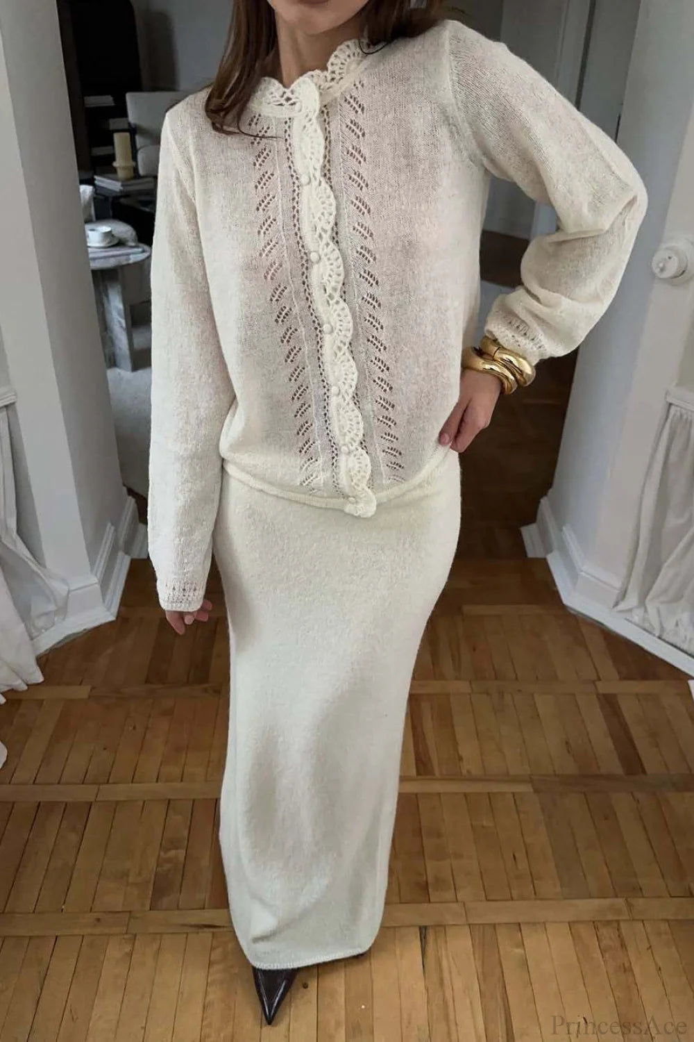 Lace Cutout Knit Crew Neck Cardigan