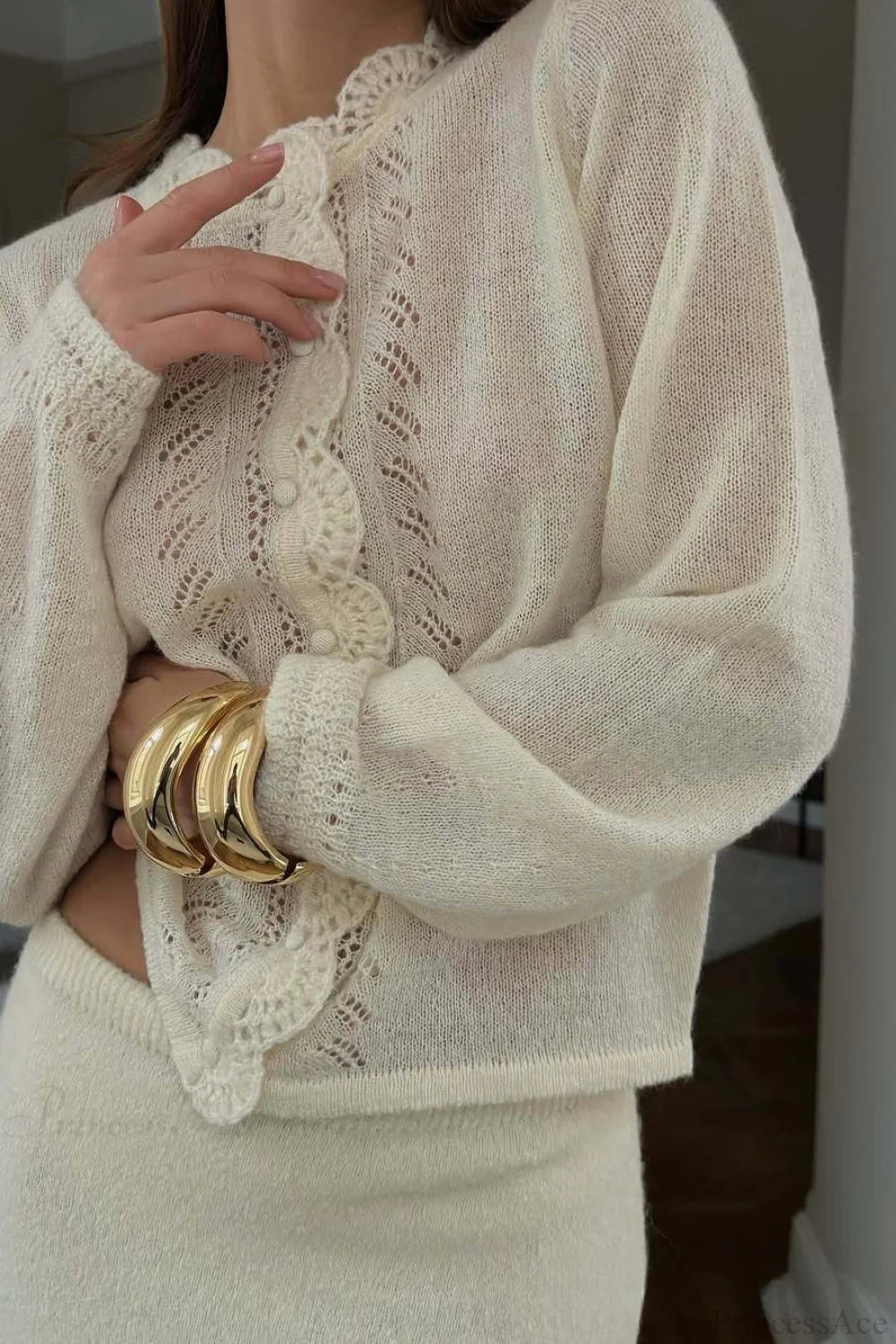 Lace Cutout Knit Crew Neck Cardigan