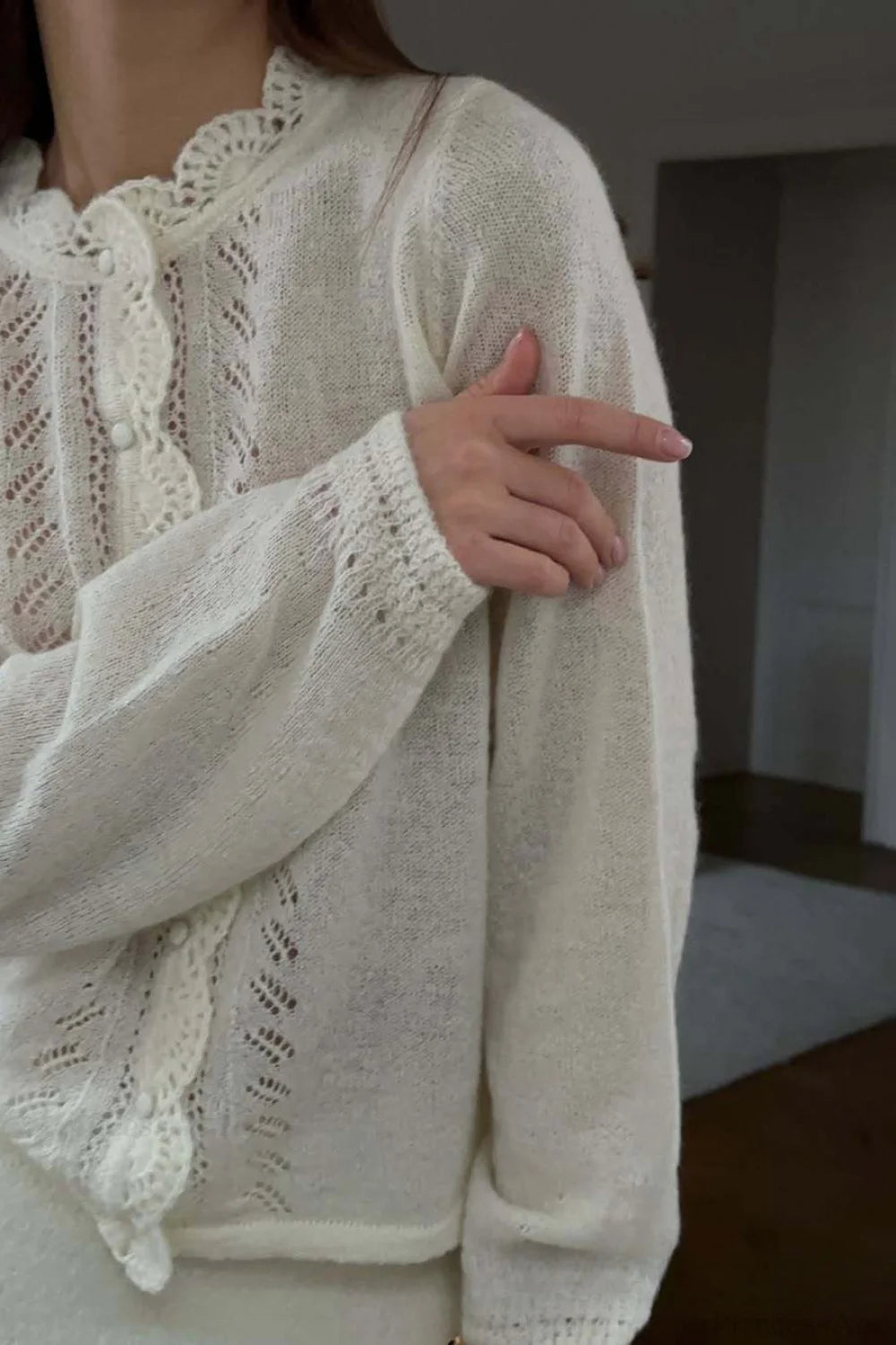 Lace Cutout Knit Crew Neck Cardigan