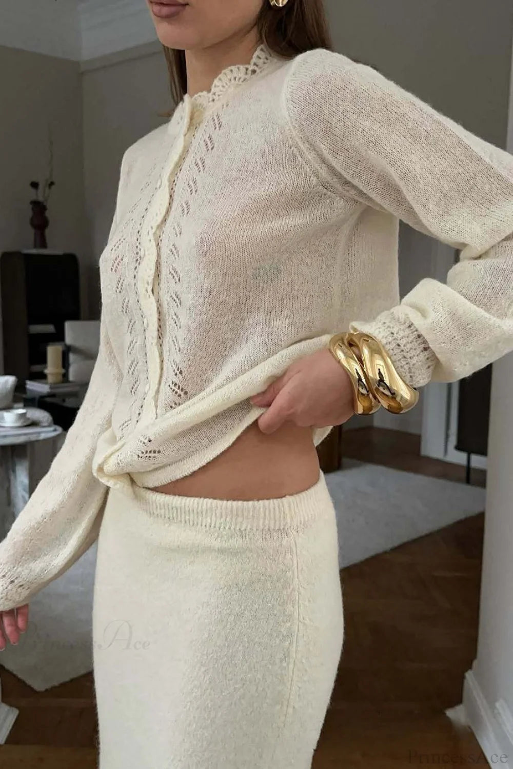 Lace Cutout Knit Crew Neck Cardigan
