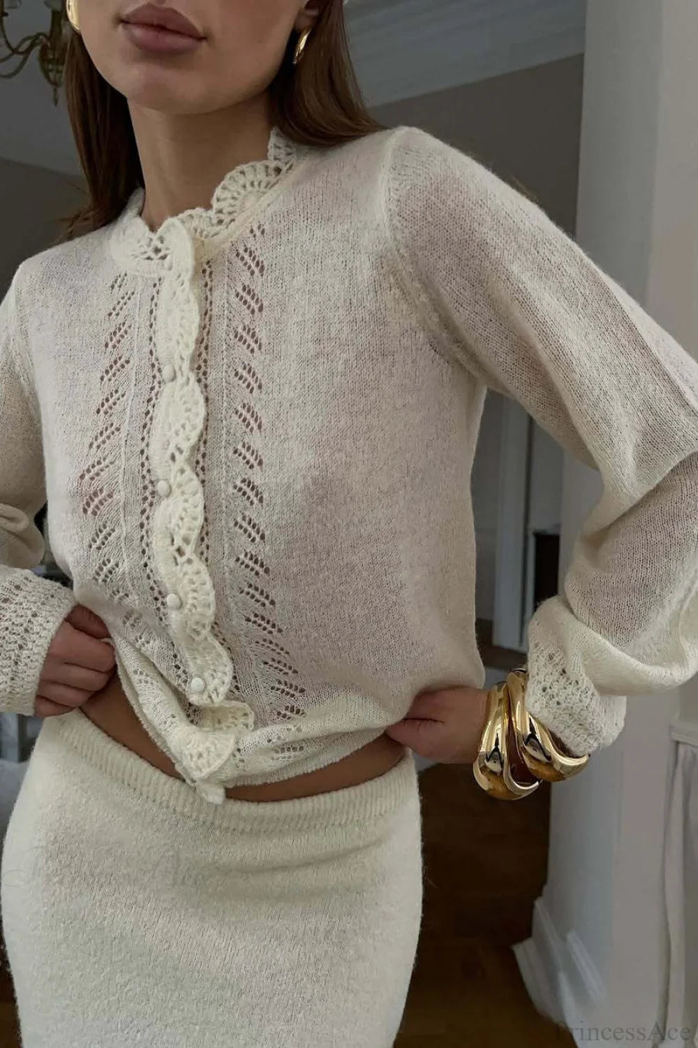 Lace Cutout Knit Crew Neck Cardigan