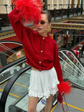 Spliced Feather Long Sleeved Knitted Cardigan Christmas Sweater