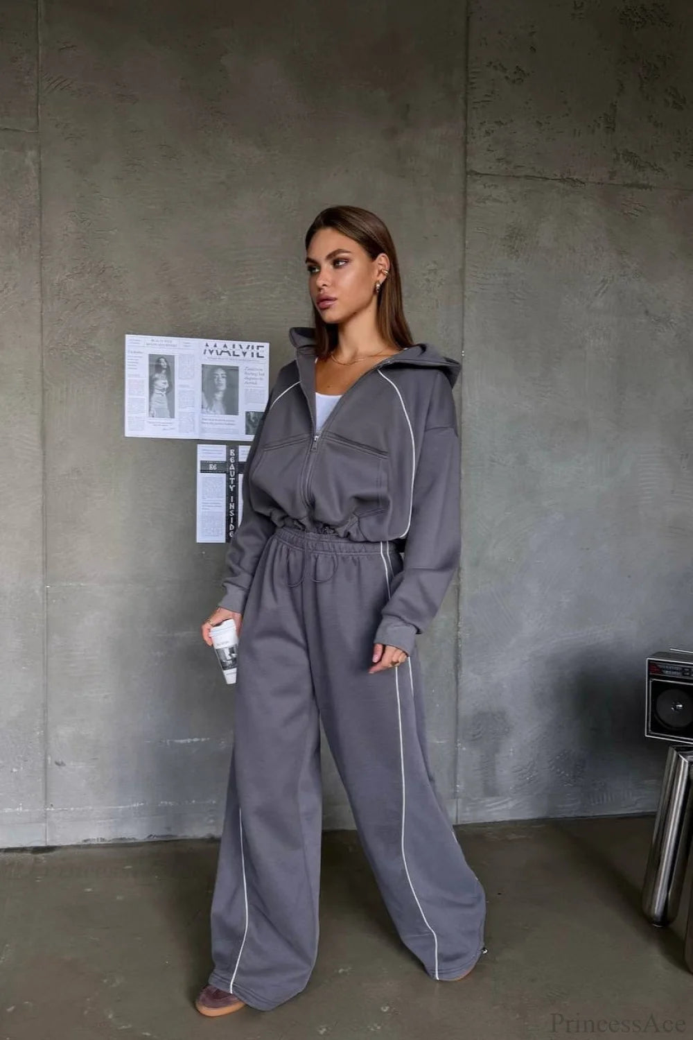 Sporty Color Block Hooded Straight-leg Pants Two Piece Set