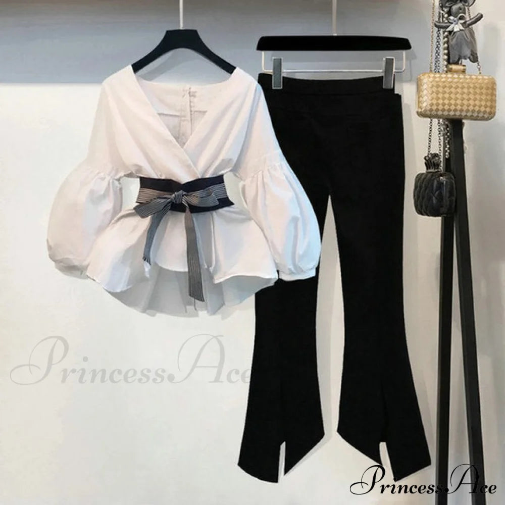 Bow Lantern Flare Pants Striped Blouse Two Piece Set
