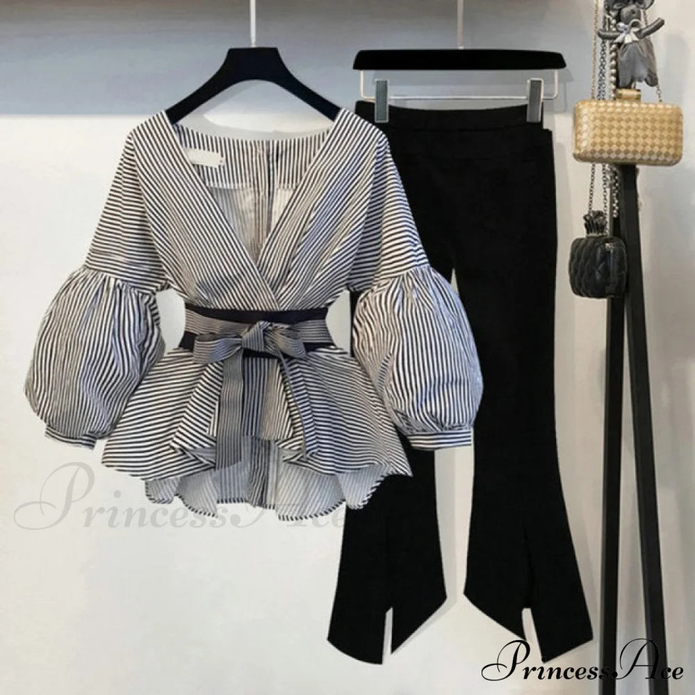 Bow Lantern Flare Pants Striped Blouse Two Piece Set