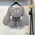Bow Lantern Flare Pants Striped Blouse Two Piece Set