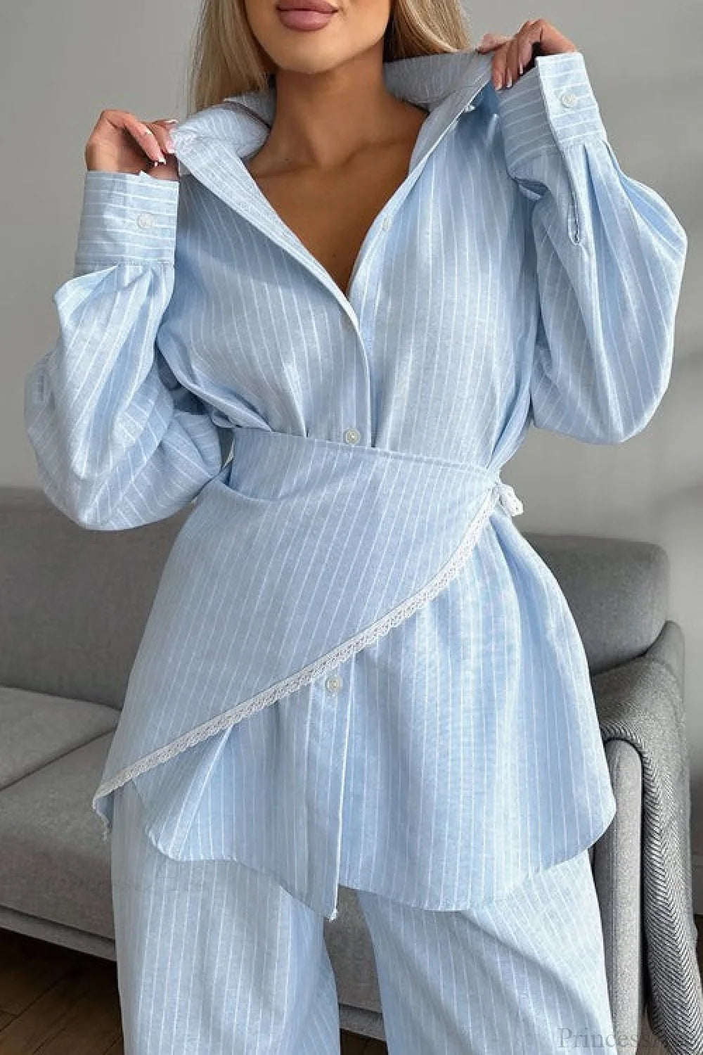 Striped Lace Long Sleeve Pants Scarf Three Piece Set