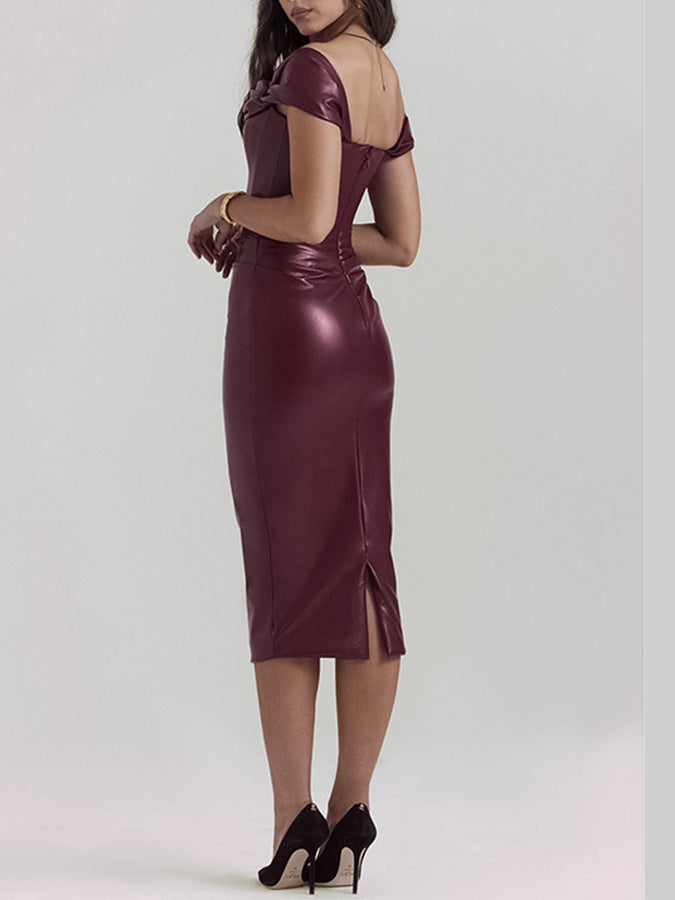 Off Shoulder Leather Slim Midi Dress