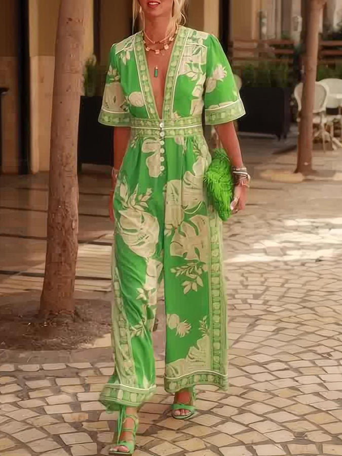 Printed V Neck Short Sleeves Jumpsuit