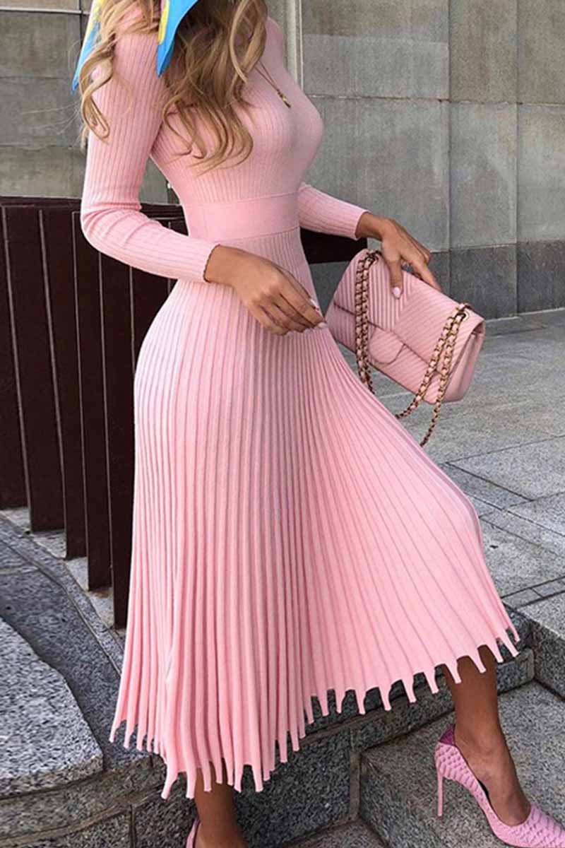 Color Loose Pleated Knitted Midi Dresses