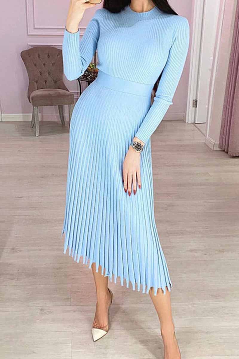 Color Loose Pleated Knitted Midi Dresses