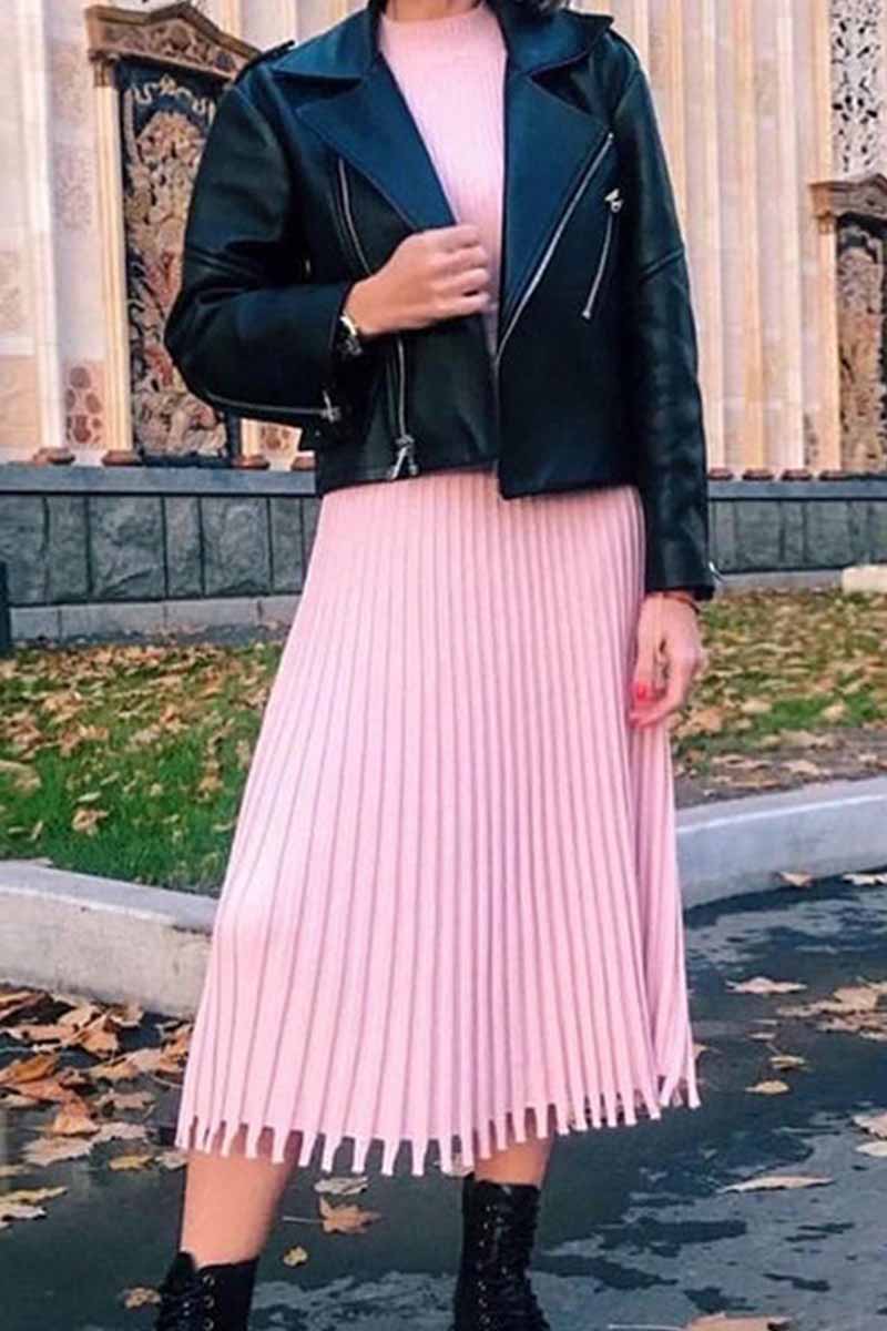 Color Loose Pleated Knitted Midi Dresses