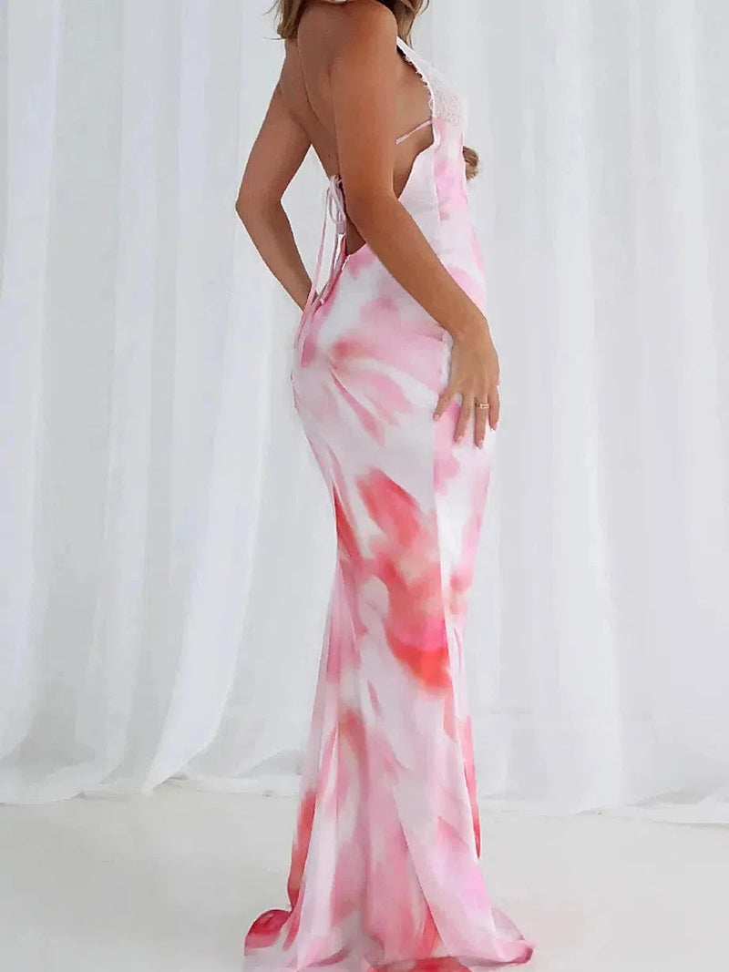 Halterneck Tie-dye Backless Lace Maxi Dress