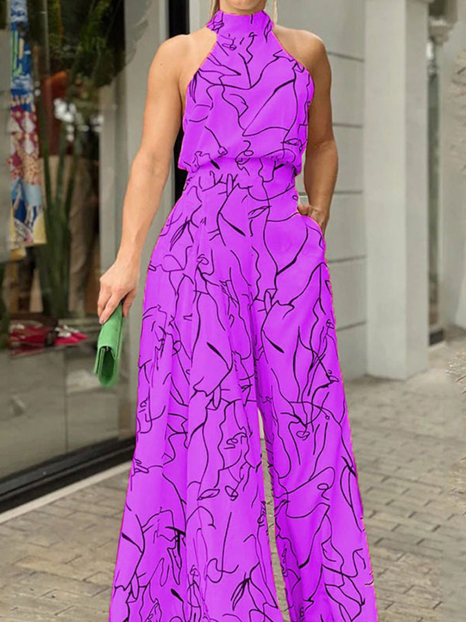Printed Halter Wide-leg Pants Jumpsuits