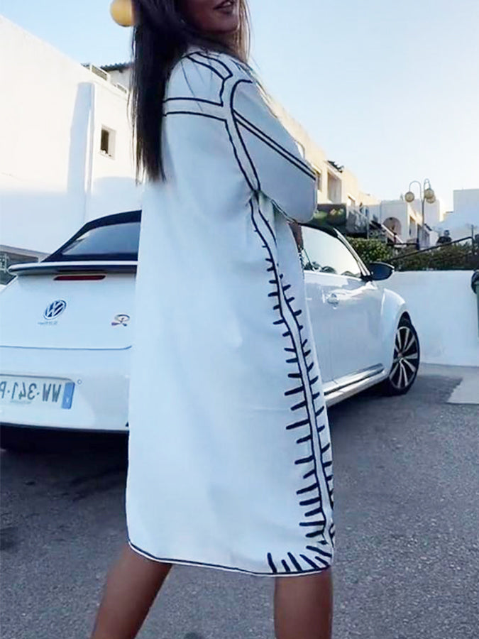 White Long Sleeves Shirt Collar Loose Midi Dress