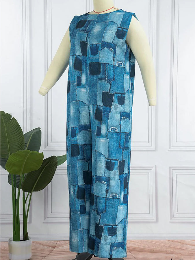 Print Patchwork O-neck Jumpsuit