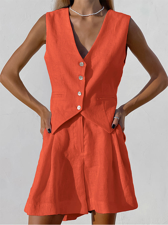 V Neck Sleeveless Single Breasted Top Side Pocket Shorts Set