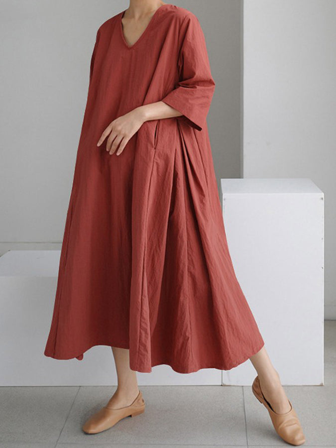 3/4 Sleeves V Neck Loose Cotton-linen Maxi Dress