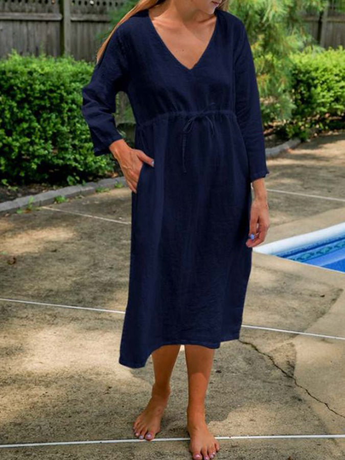 Long Sleeves V Neck Midi Dress